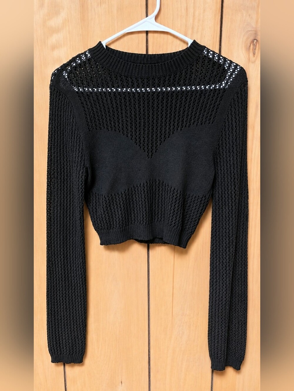 Emory Park Black Open Knit Cropped Sweater Long Sleeve Size Large